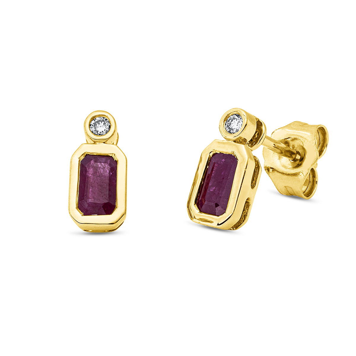 diamond full cut ruby colored stone classic studs in yellow gold