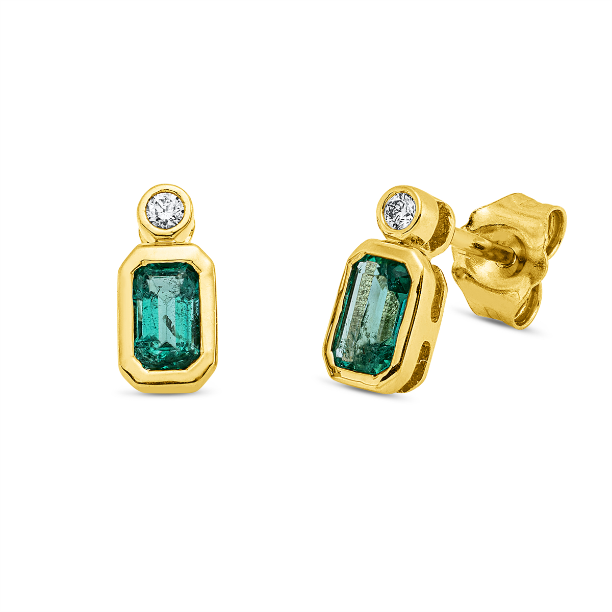 diamond full cut emerald colored stone classic studs in yellow gold