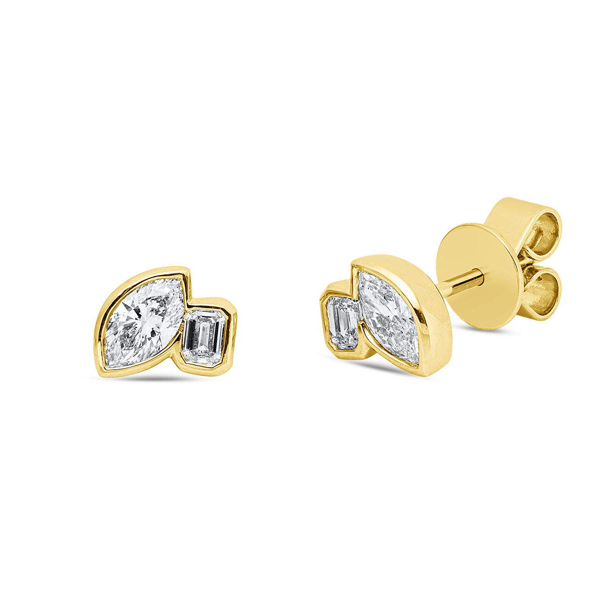 emerald cut  modern woman studs in yellow gold
