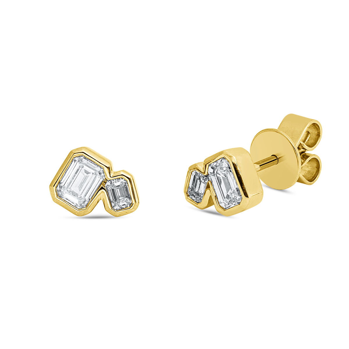 emerald cut  modern woman studs in yellow gold