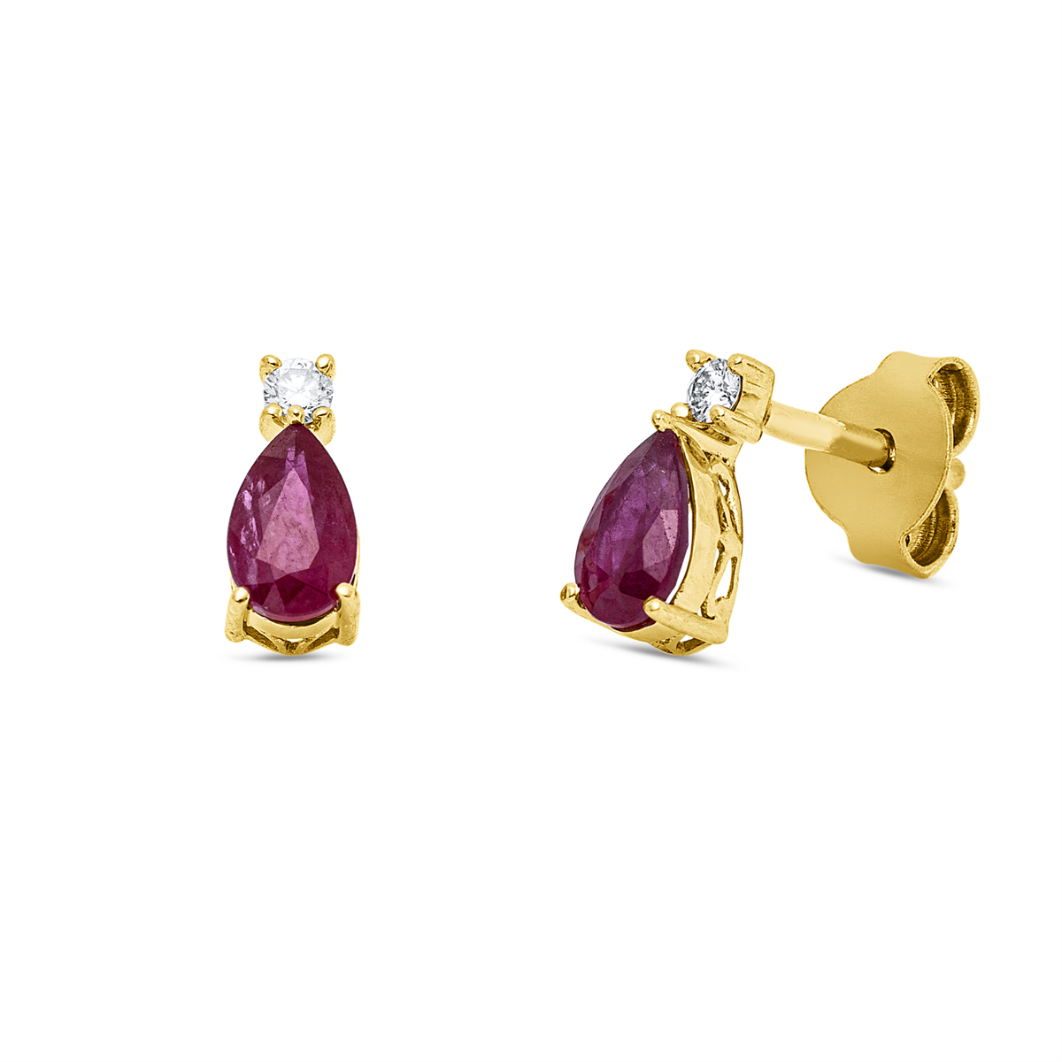 diamond full cut ruby colored stone classic studs in yellow gold