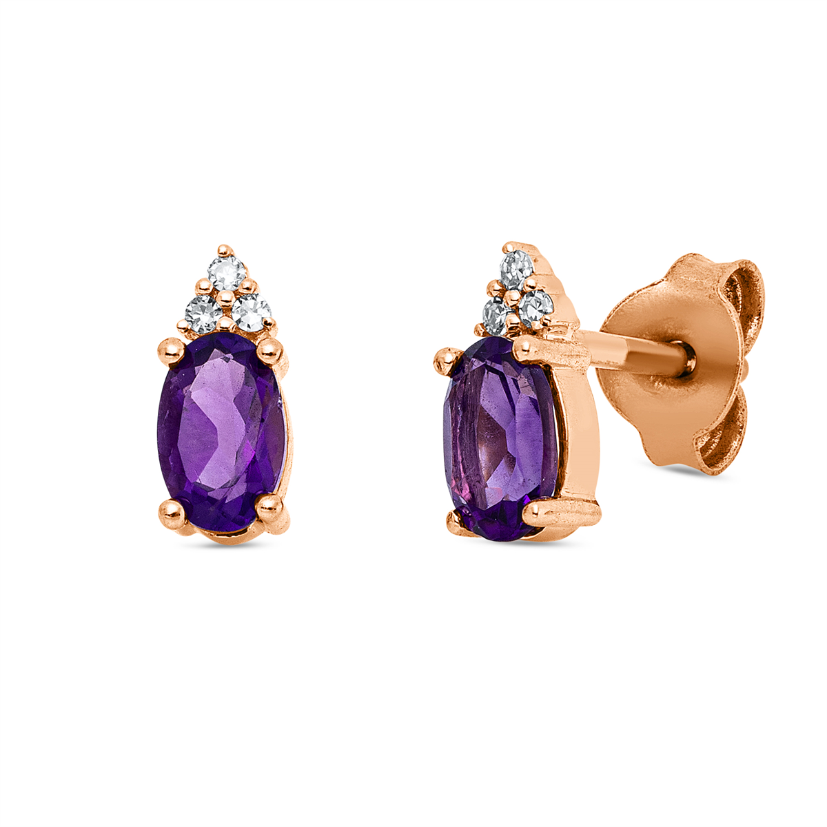 diamond full cut amethyst colored stone fashion studs in red gold