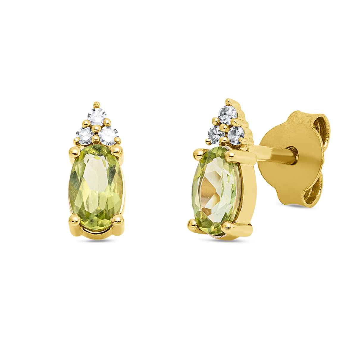 diamond full cut peridot colored stone fashion studs in yellow gold