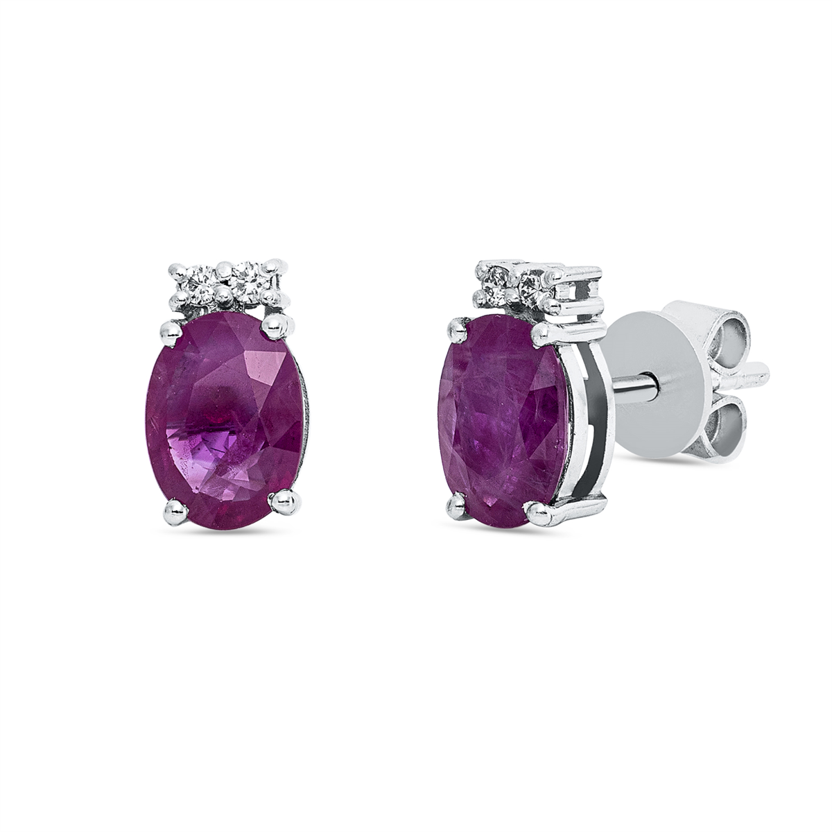 diamond full cut ruby colored stone classic studs in white gold