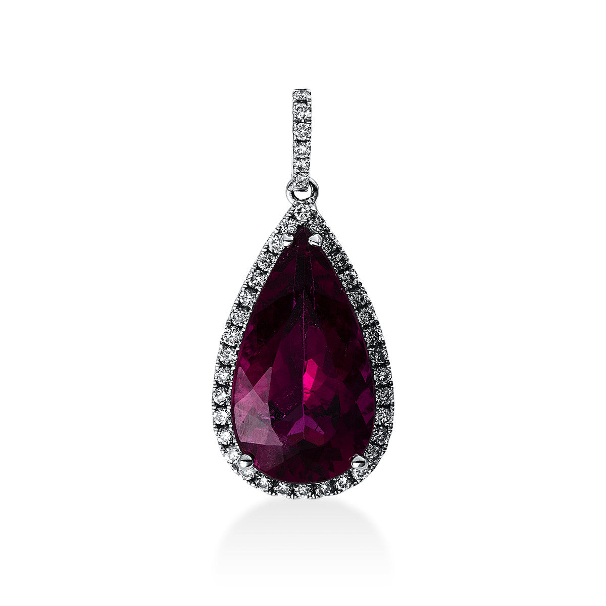 diamond full cut rubellite colored stone classic pendant in white gold