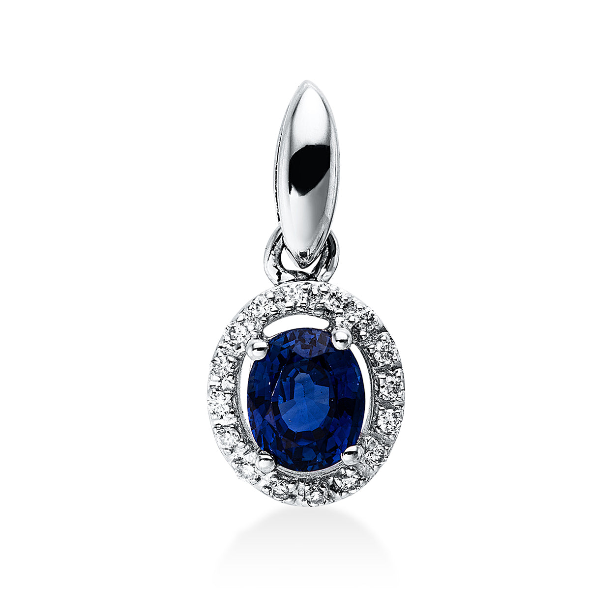 diamond full cut sapphire colored stone classic pendant in white gold