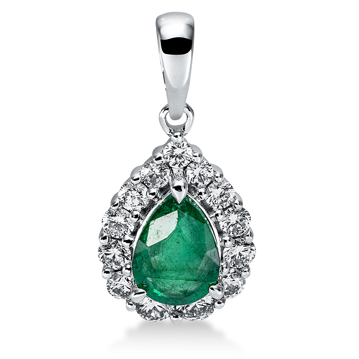 diamond full cut emerald colored stone classic pendant in white gold