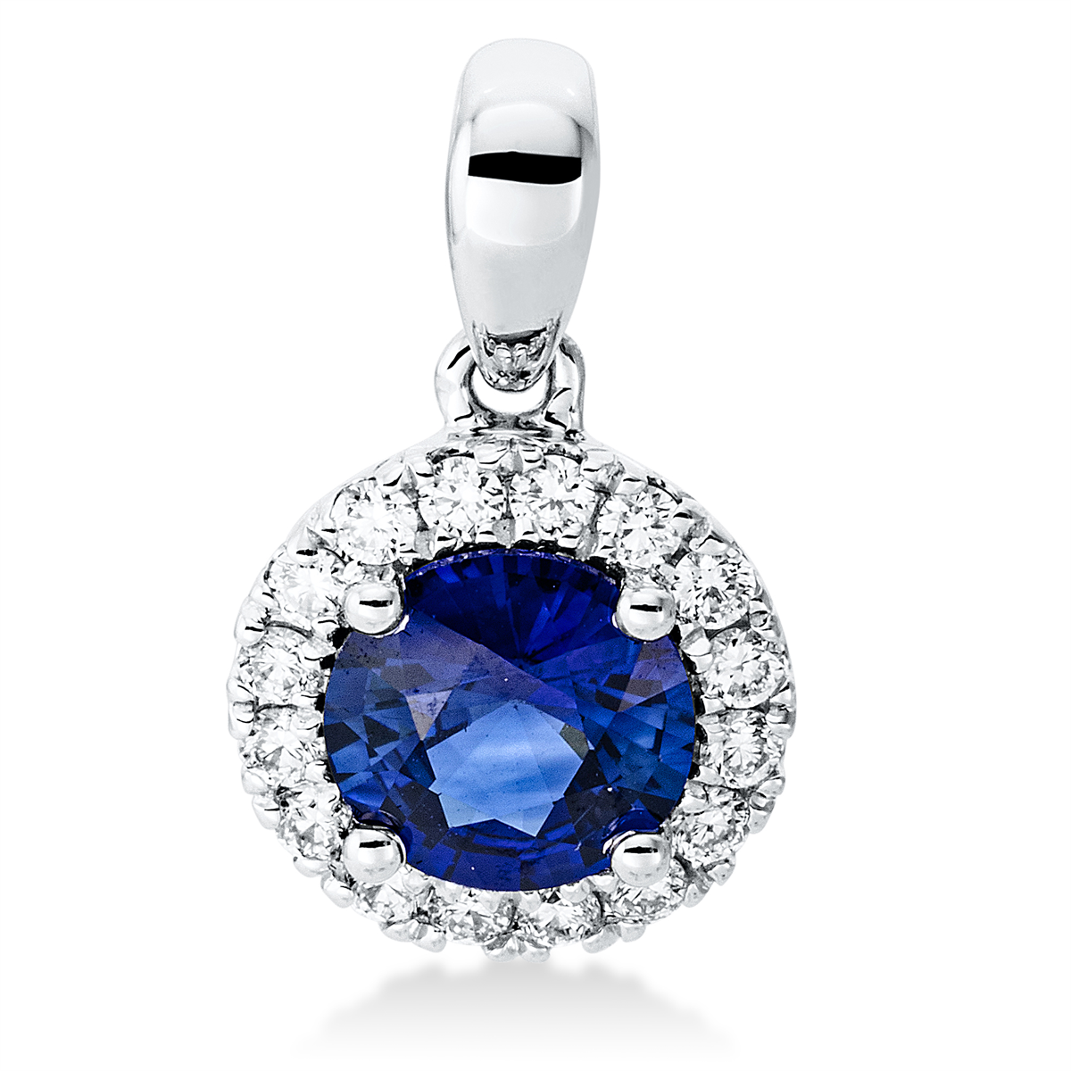 diamond full cut sapphire colored stone classic pendant in white gold