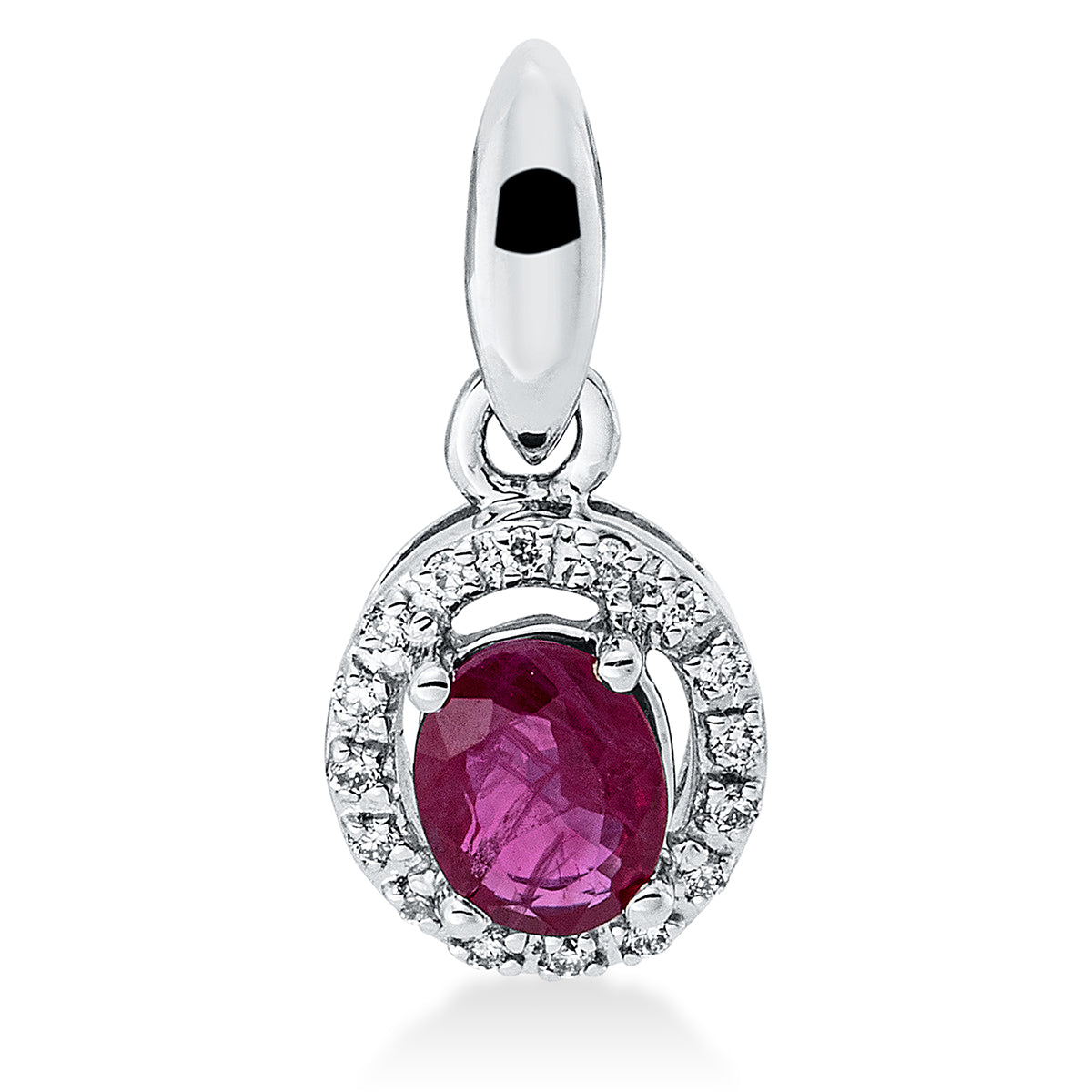 diamond full cut ruby colored stone classic pendant in white gold