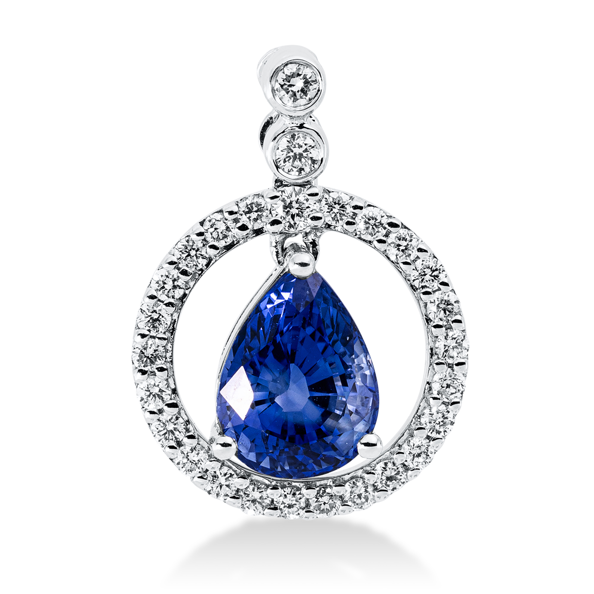 diamond full cut sapphire colored stone classic pendant in white gold