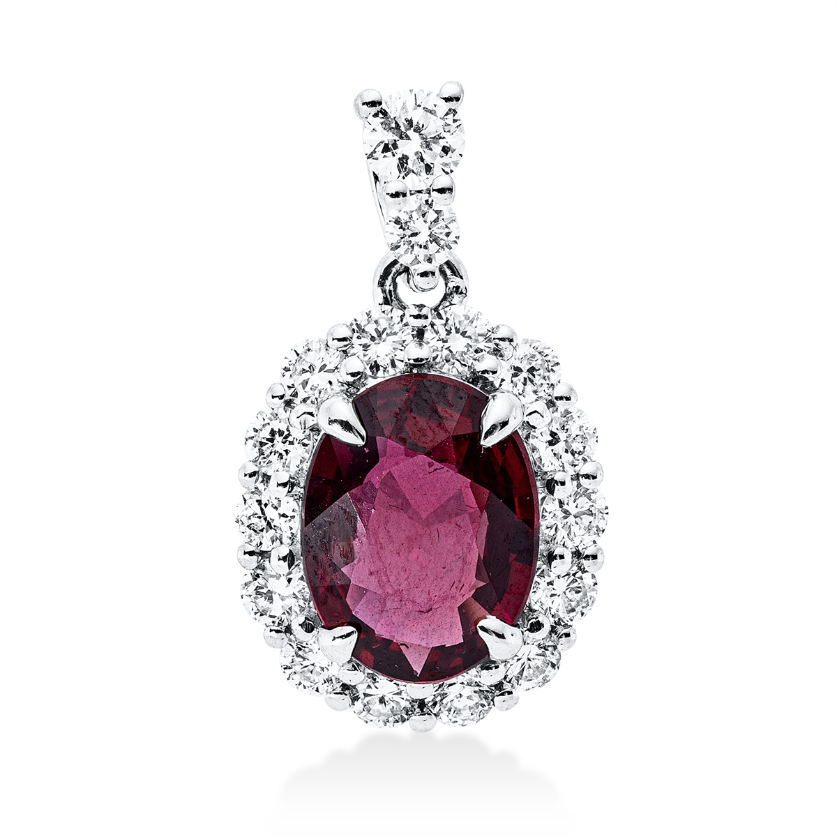 diamond full cut ruby colored stone classic pendant in white gold
