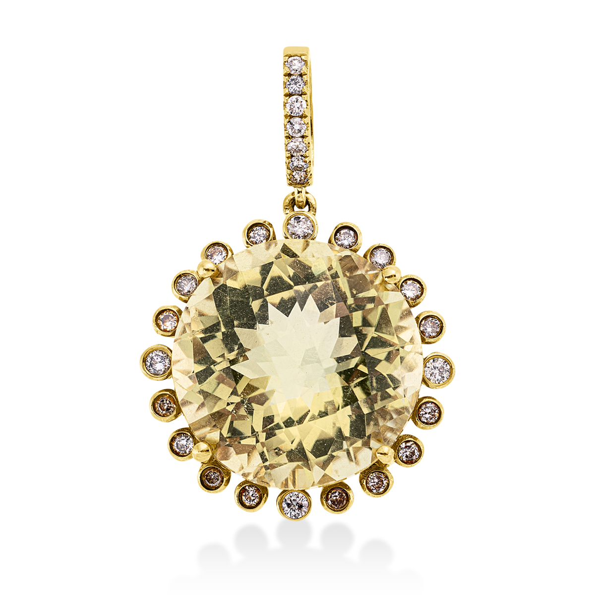 diamond full cut lemon quartz colored stone fashion pendant in yellow gold