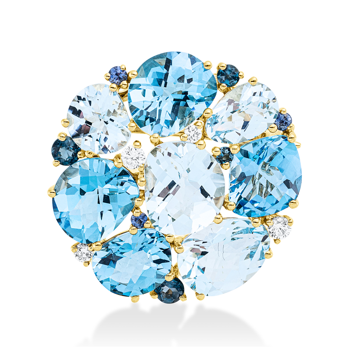 diamond full cut sapphire colored stone fashion brooch in yellow gold