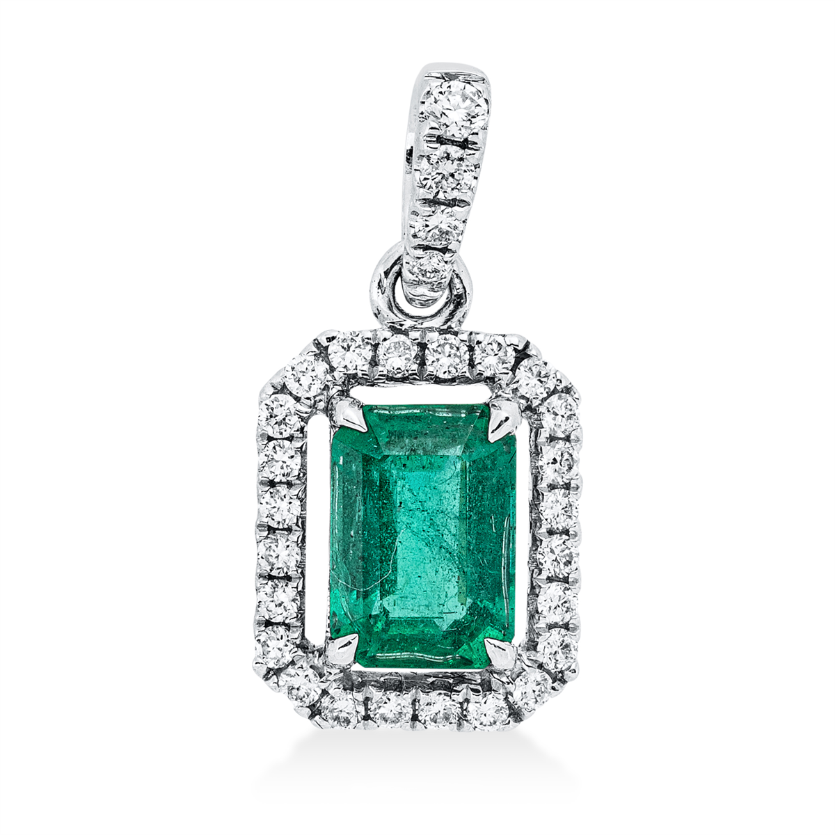 diamond full cut emerald colored stone classic pendant in white gold