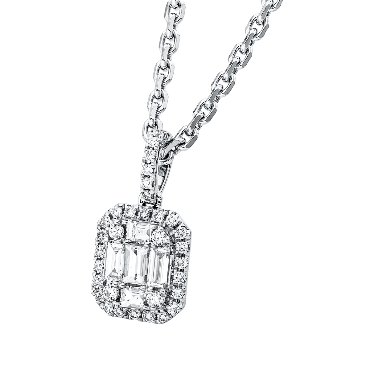 diamond full cut  baguette illusion pendant in white gold