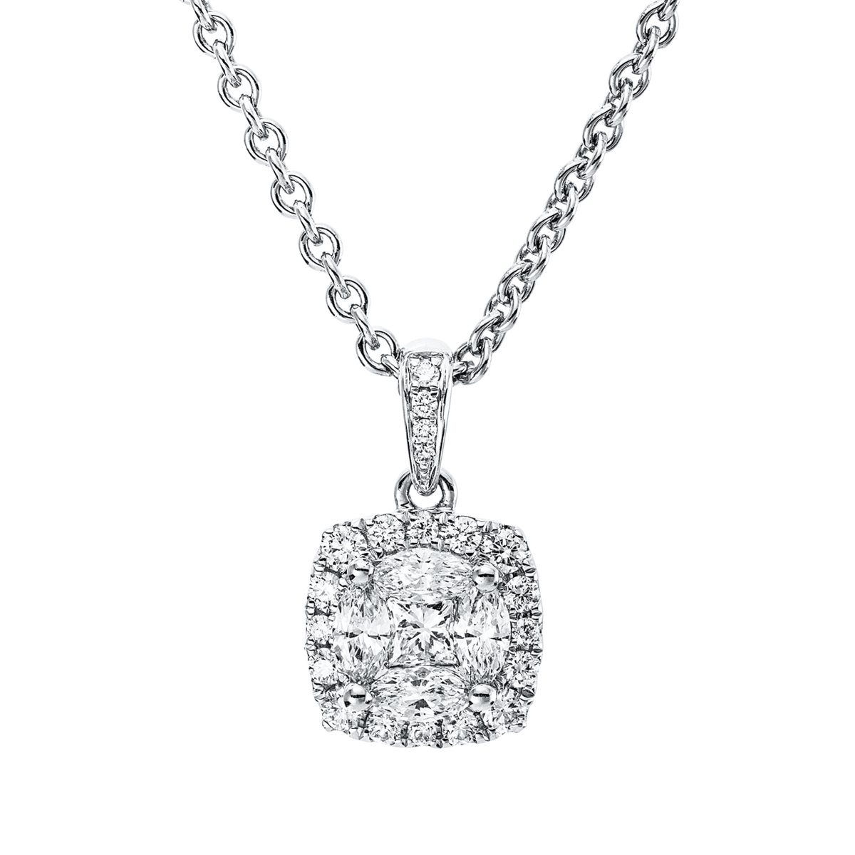 diamond full cut  baguette illusion pendant in white gold