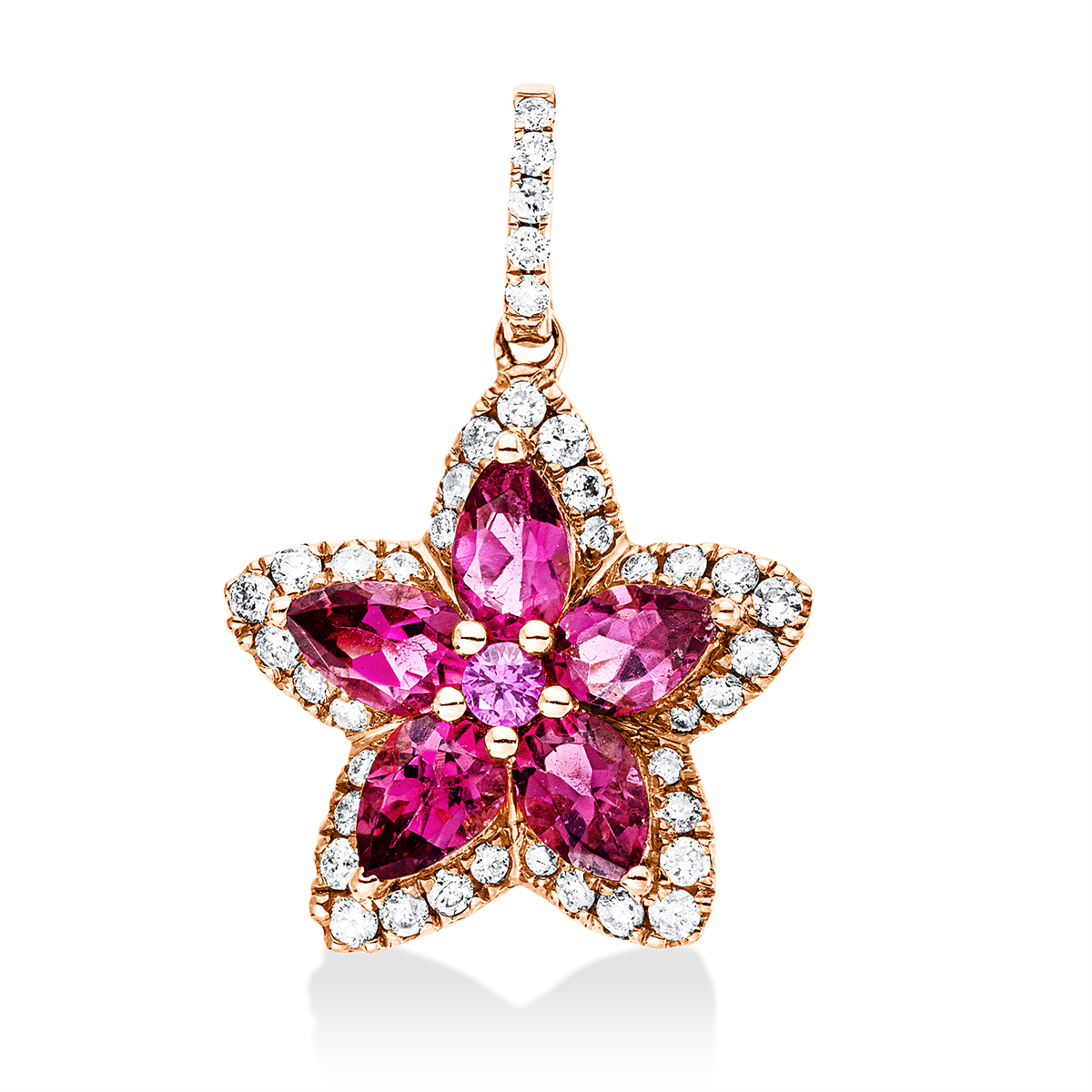 diamond full cut rubellite colored stone fashion pendant in red gold