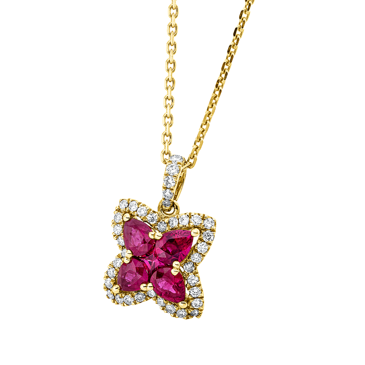 diamond full cut ruby colored stone classic pendant in yellow gold