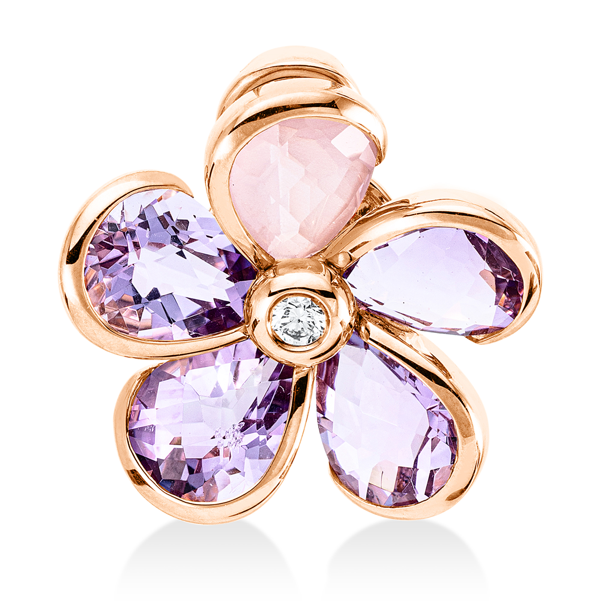 diamond full cut rose quartz colored stone fashion pendant in red gold