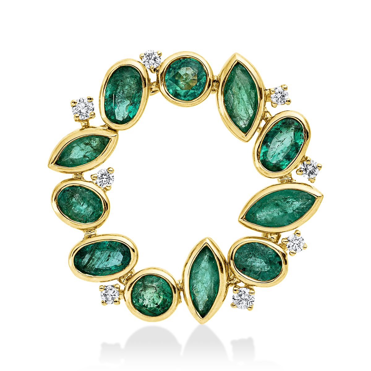 diamond full cut emerald colored stone classic pendant in yellow gold