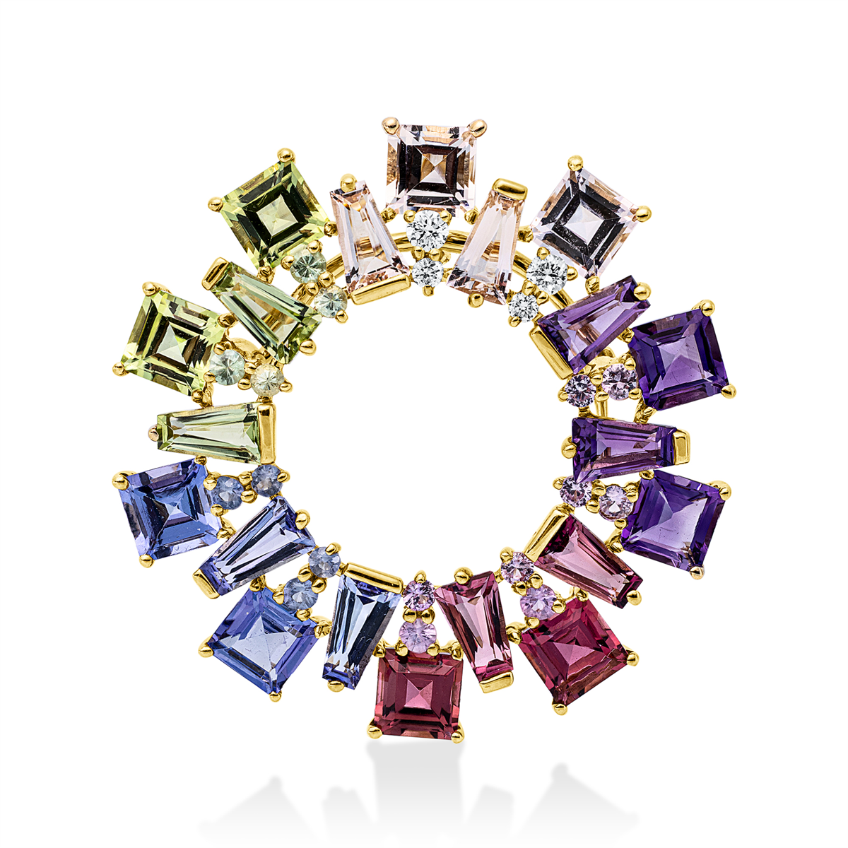 diamond full cut tsavorite colored stone fashion brooch in yellow gold