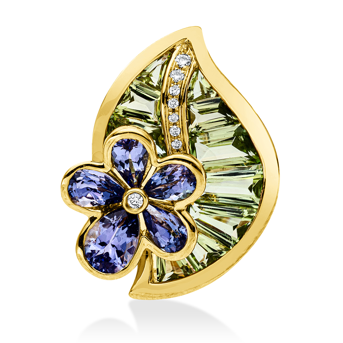 diamond full cut tanzanite colored stone fashion brooch in yellow gold