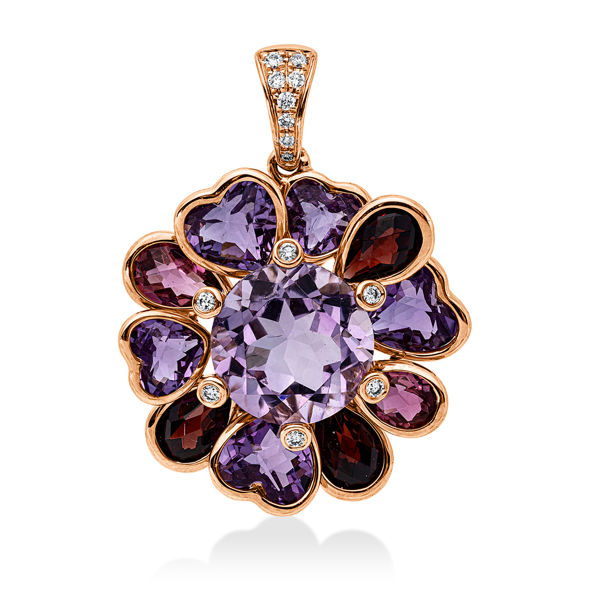 diamond full cut garnet colored stone fashion pendant in red gold