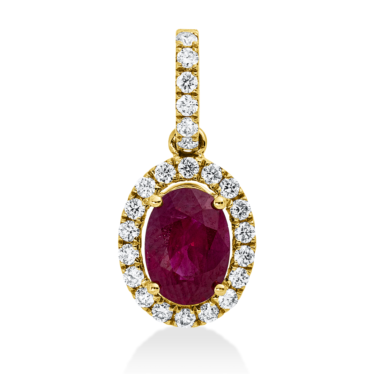 diamond full cut ruby colored stone classic pendant in yellow gold