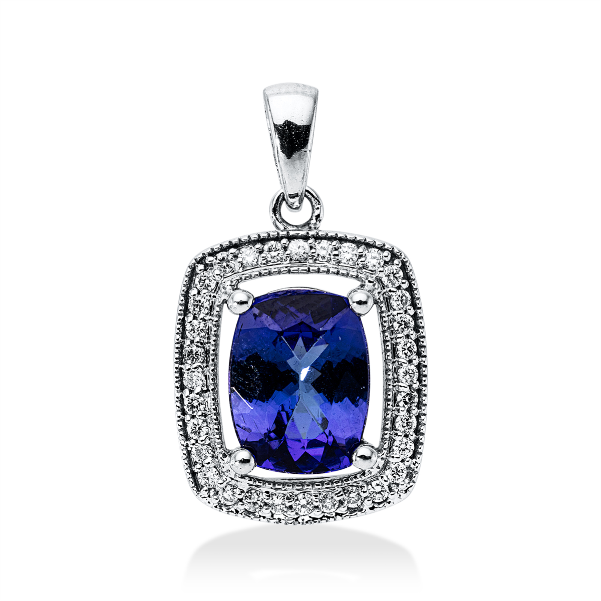 diamond full cut tanzanite colored stone classic pendant in white gold