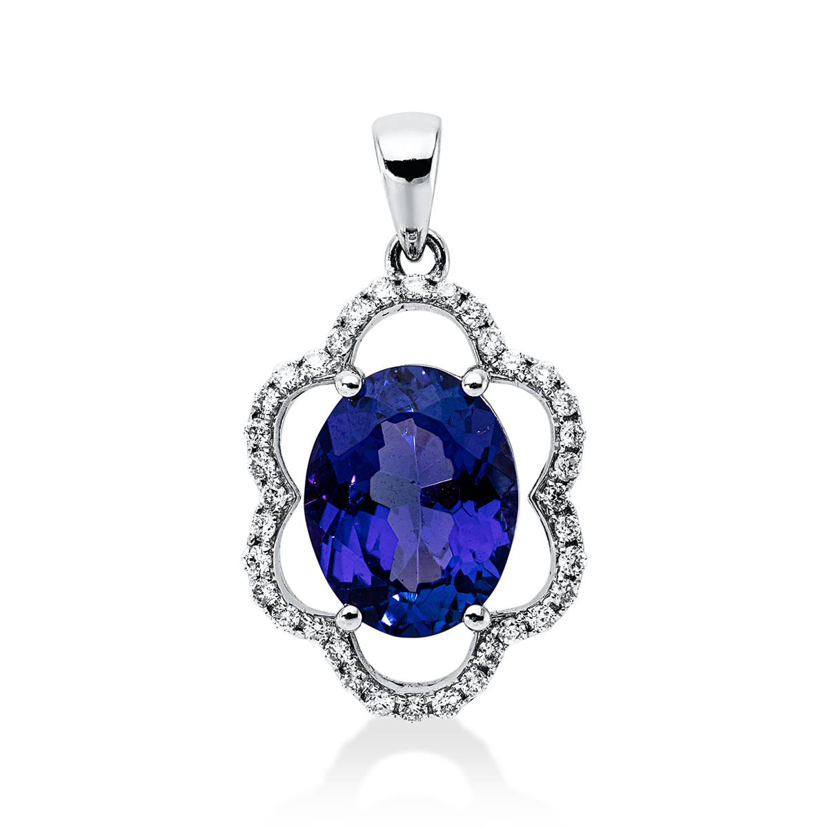 diamond full cut tanzanite colored stone classic pendant in white gold