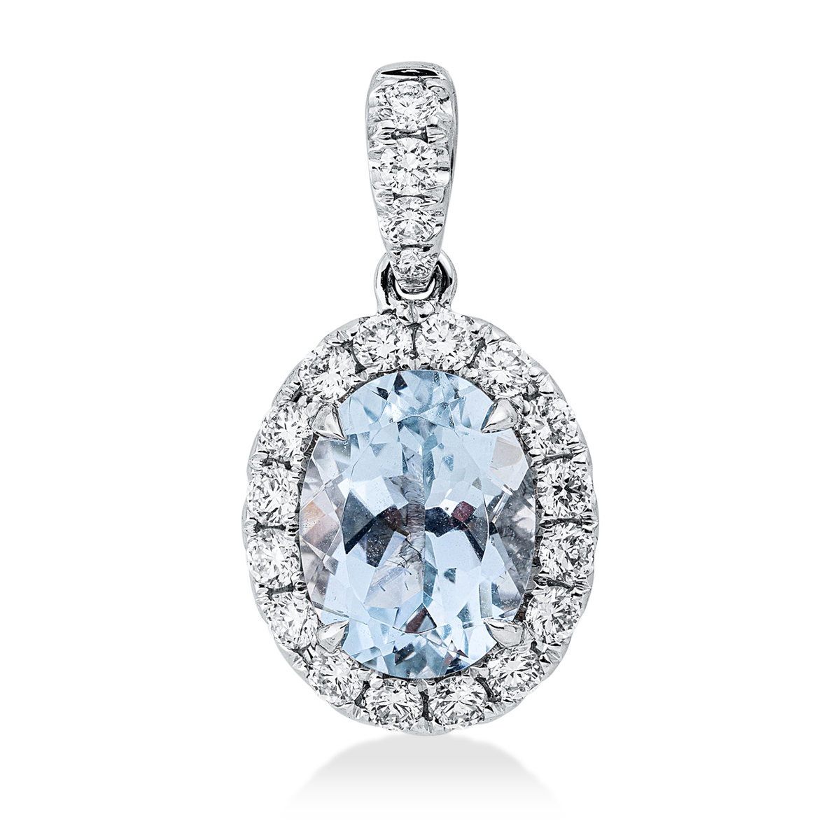 diamond full cut aquamarine colored stone classic pendant in white gold