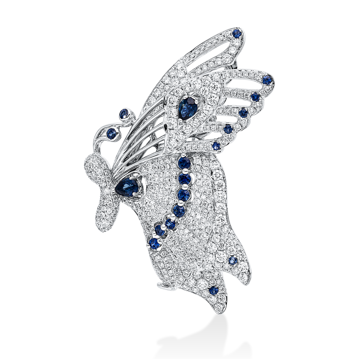 diamond full cut sapphire animal brooch in white gold