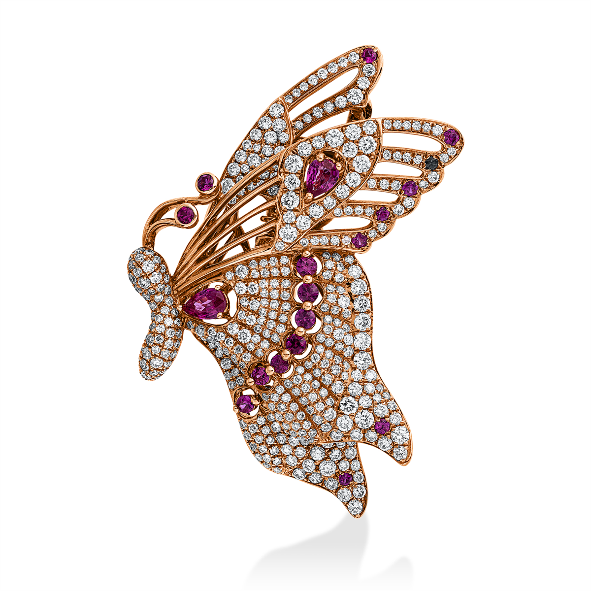 diamond full cut ruby animal brooch in red gold