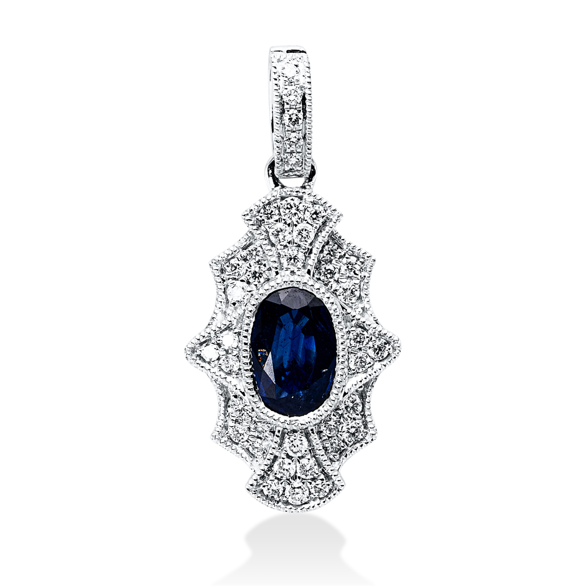 diamond full cut sapphire colored stone classic pendant in white gold