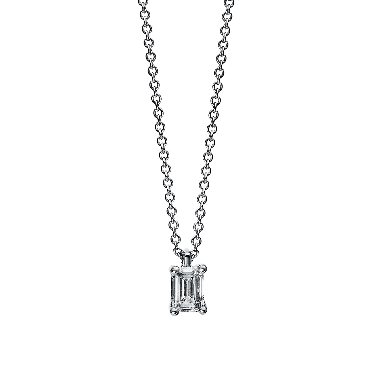 emerald cut  solitaire necklace in white gold