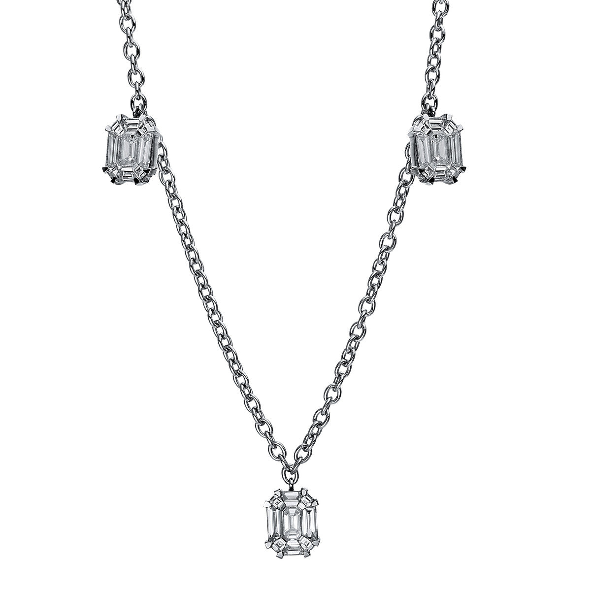 diamond single cut  baguette illusion necklace in white gold