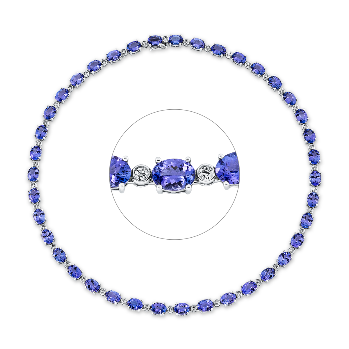 diamond full cut tanzanite colored stone classic necklace in white gold
