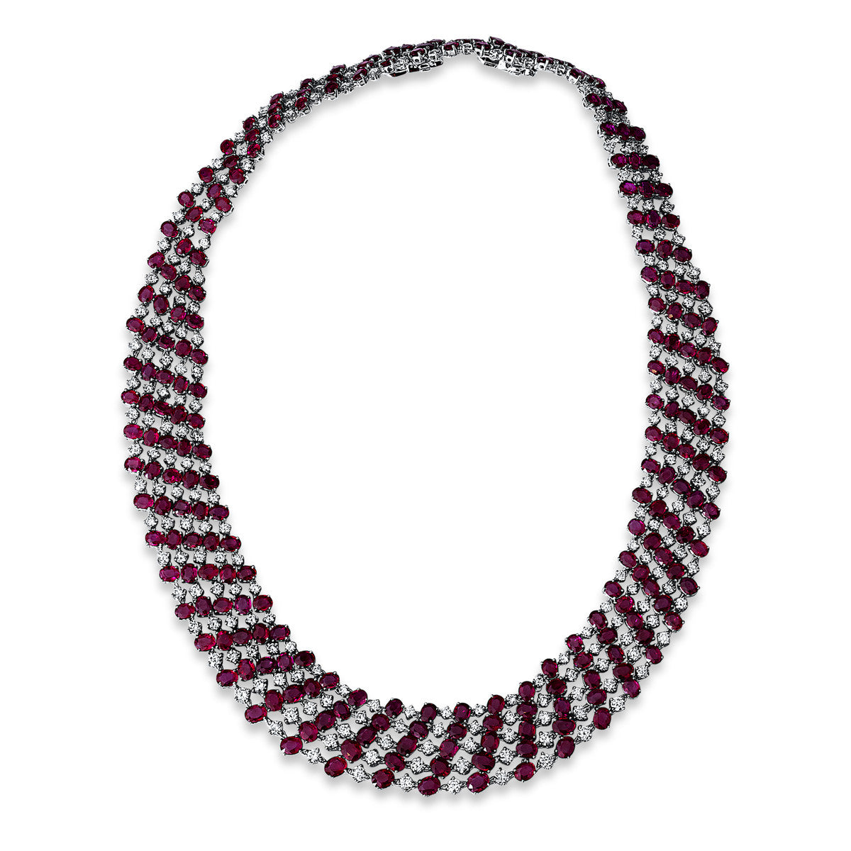 diamond full cut ruby colored stone classic necklace in white gold