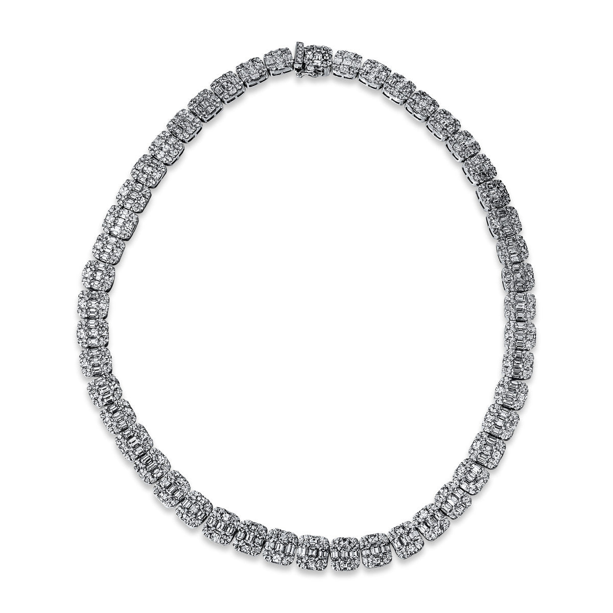 diamond full cut  baguette illusion necklace in white gold