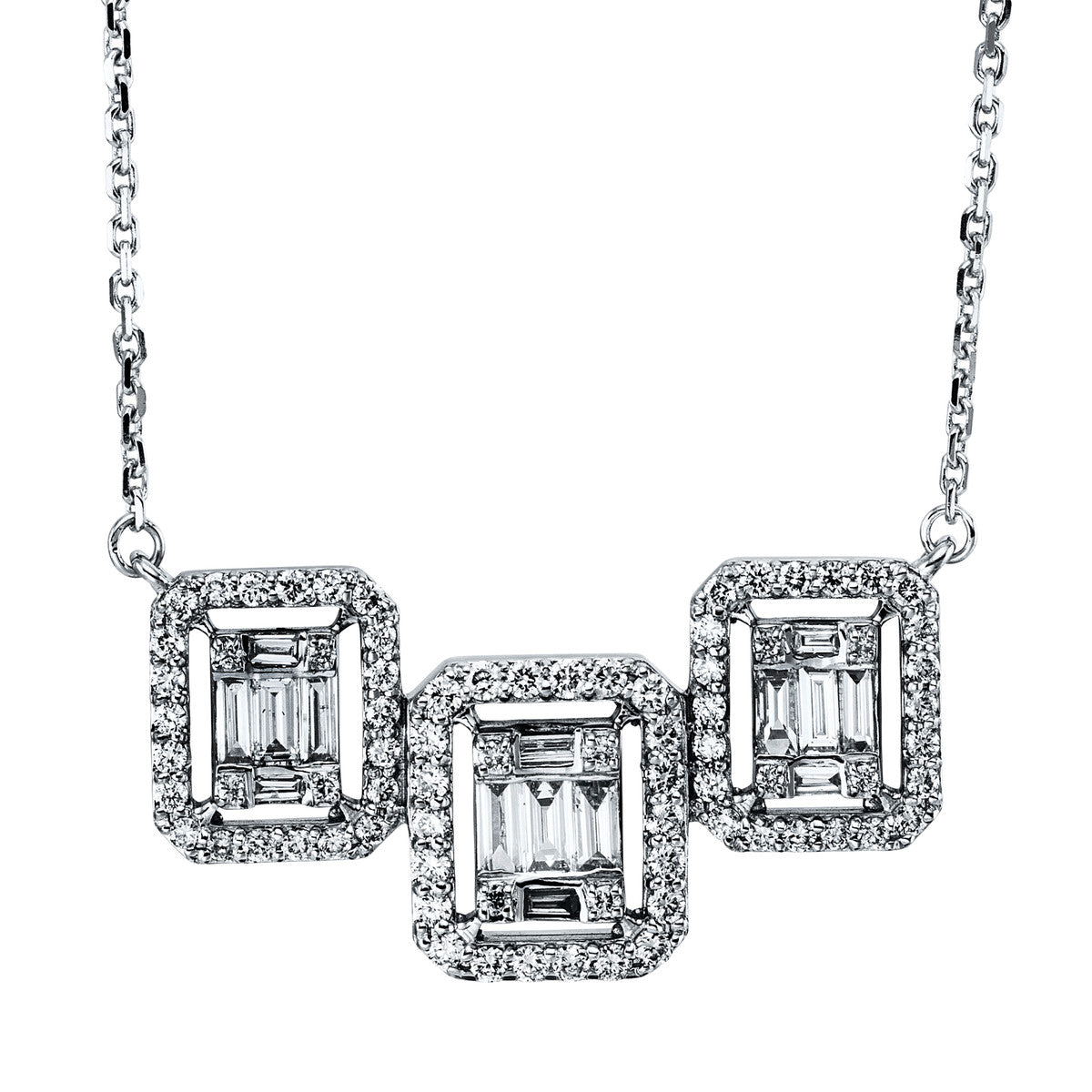 diamond full cut  baguette illusion necklace in white gold
