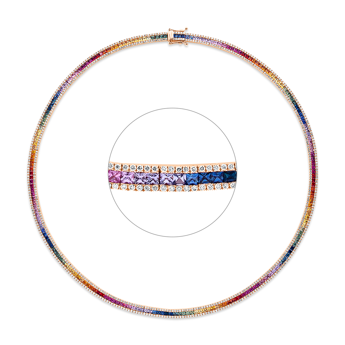 diamond full cut sapphire rainbow & multicolor necklace in red gold