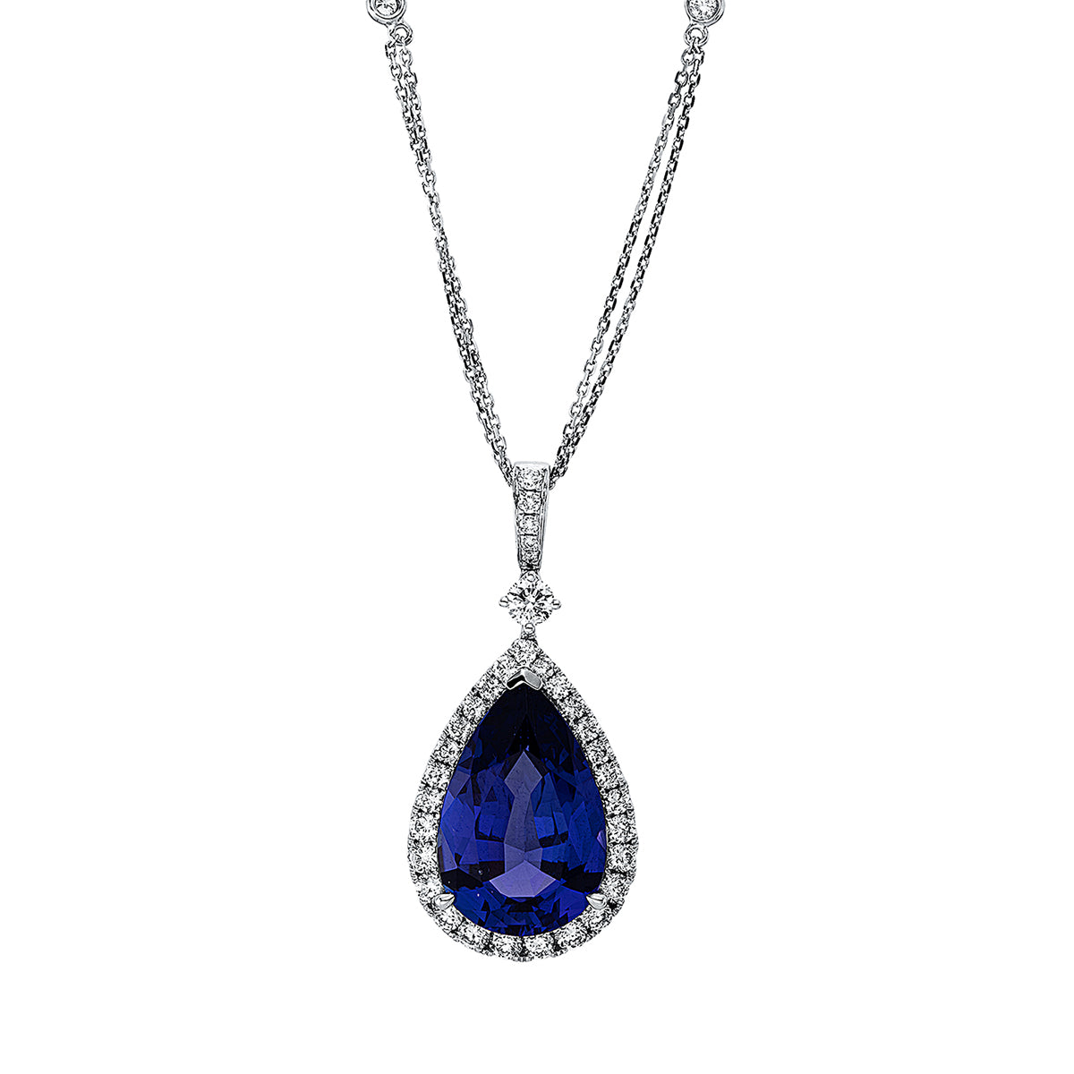 diamond full cut tanzanite colored stone fashion necklace in white gold