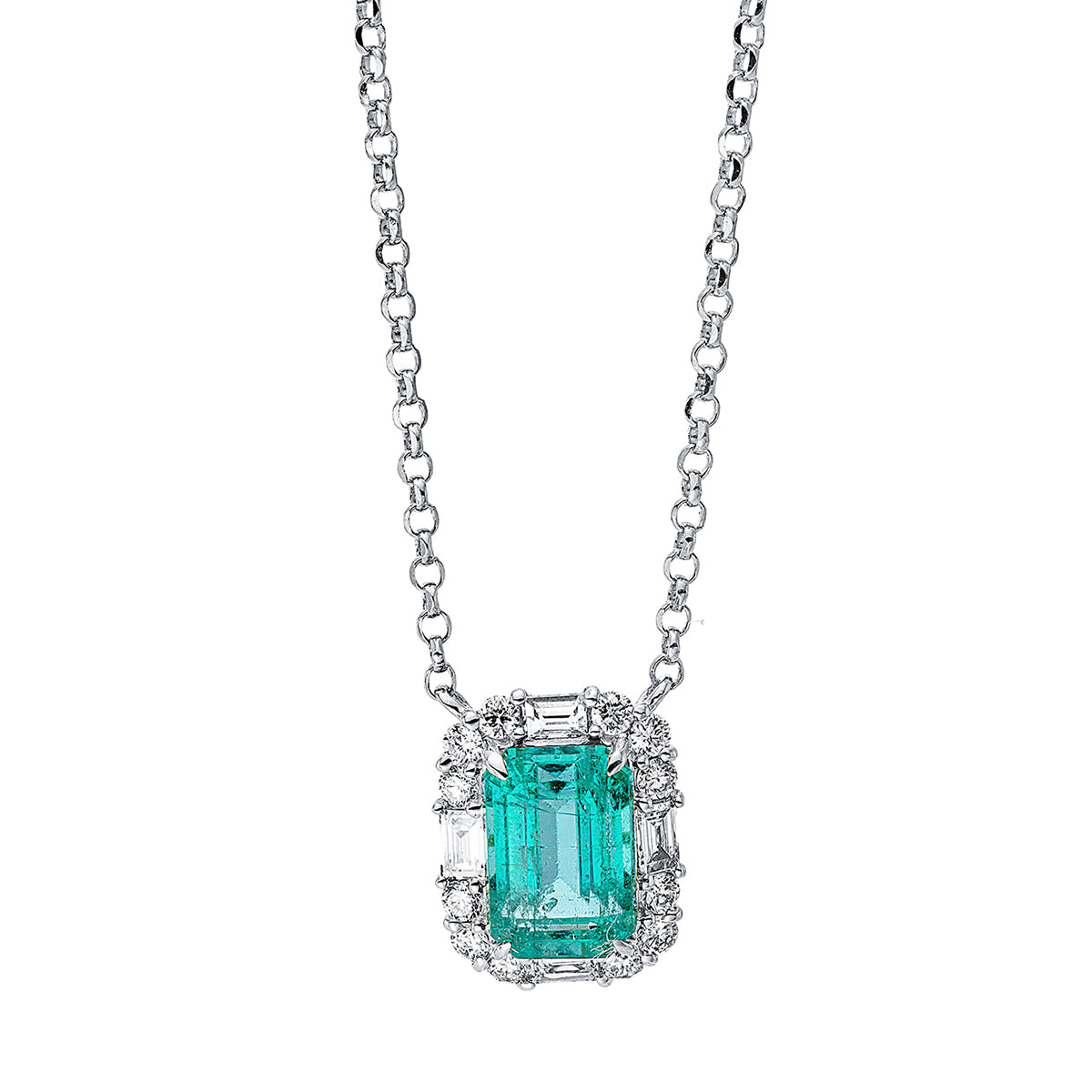 diamond full cut emerald colored stone classic necklace in white gold