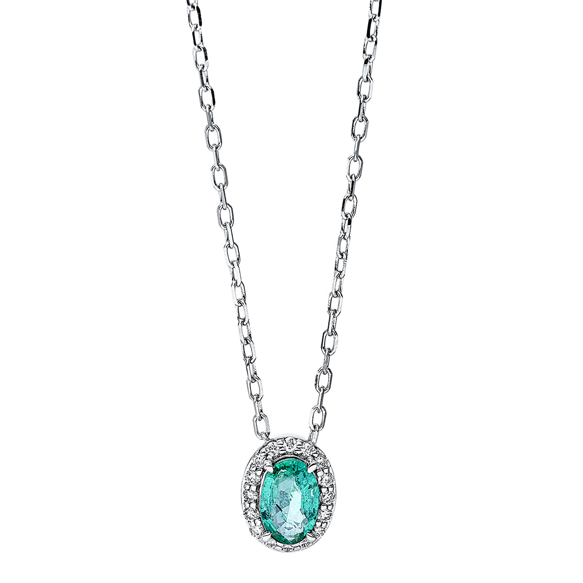 diamond full cut emerald colored stone classic necklace in white gold