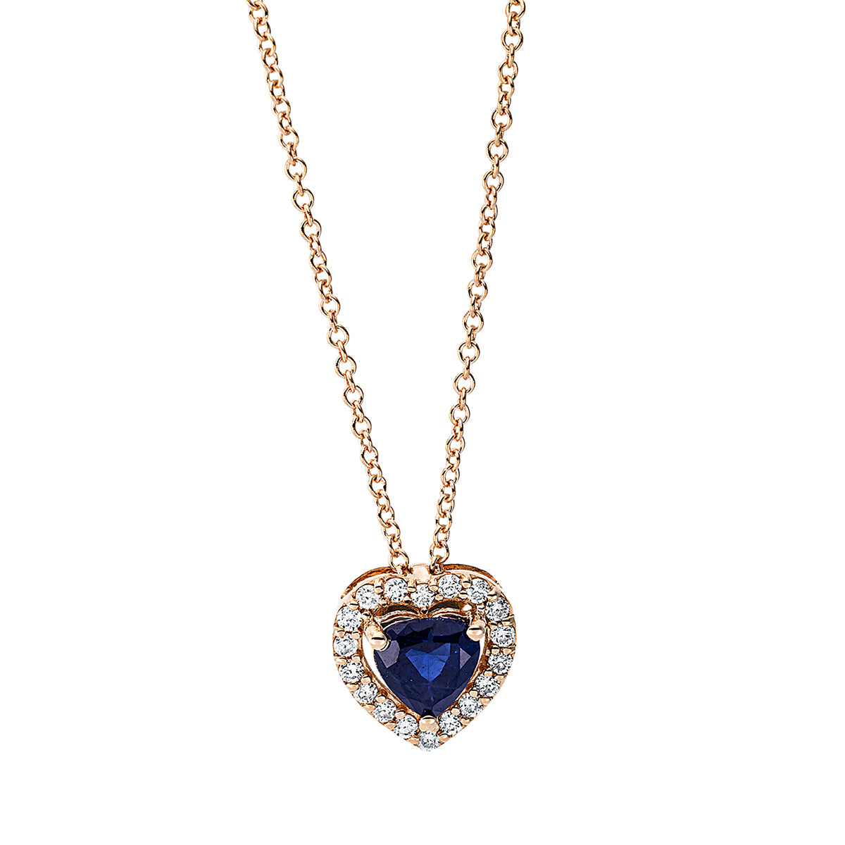 diamond full cut sapphire heart necklace in red gold