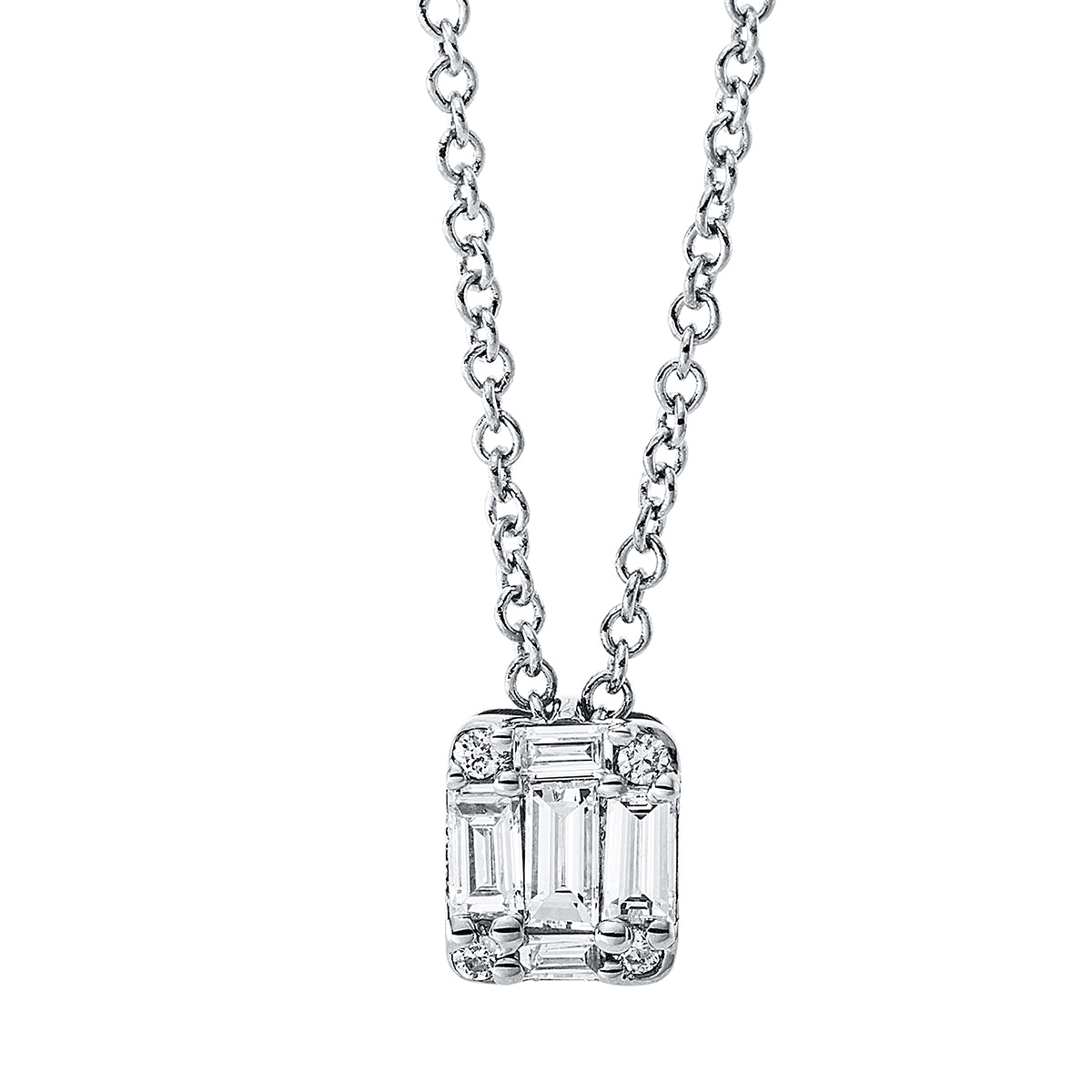 diamond full cut  baguette illusion necklace in white gold