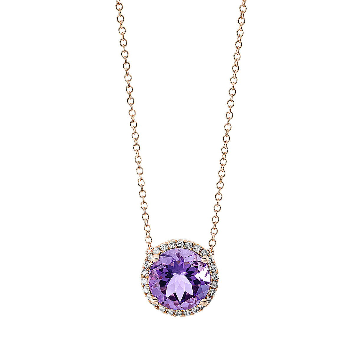 diamond full cut amethyst colored stone fashion necklace in red gold
