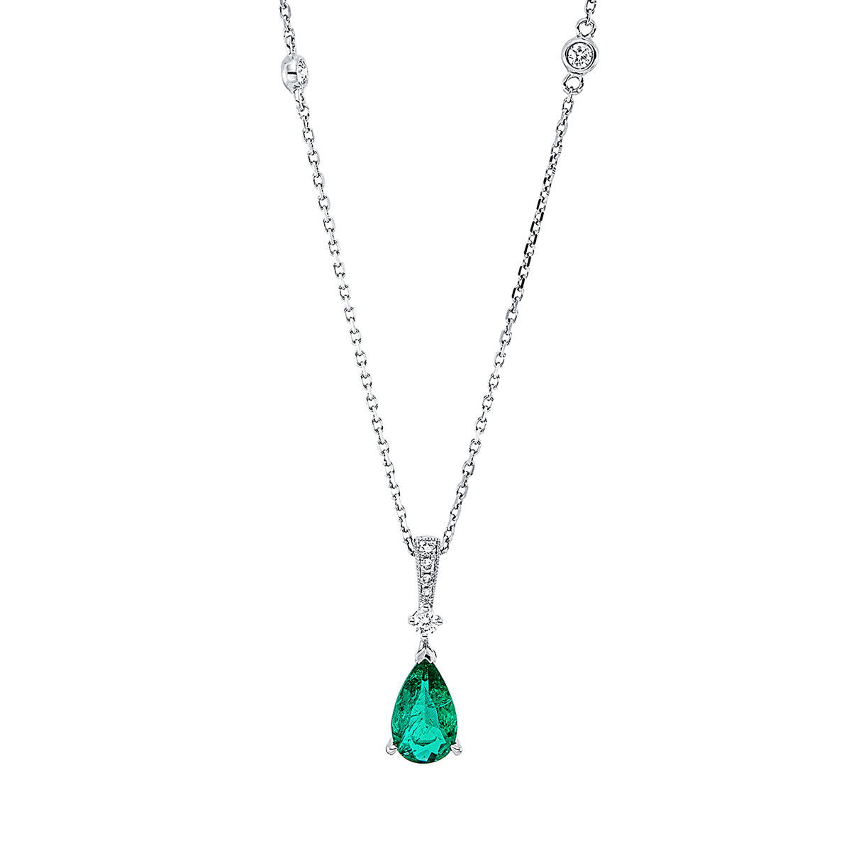 diamond full cut emerald colored stone classic necklace in white gold