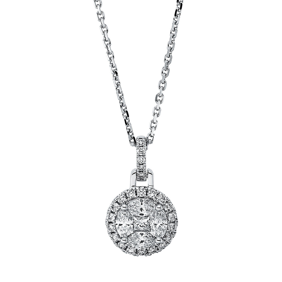 diamond full cut  baguette illusion necklace in white gold