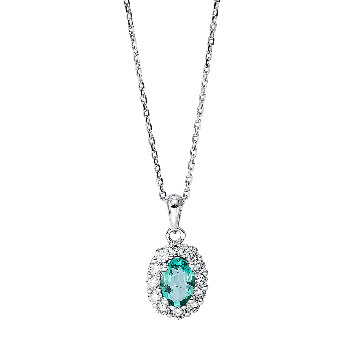 diamond full cut emerald colored stone classic necklace in white gold
